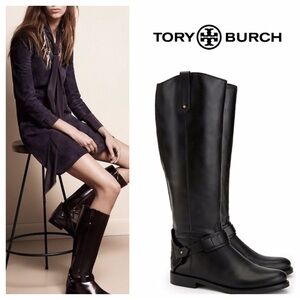 Tory Burch Colton Leather Riding Knee-High Black Boots